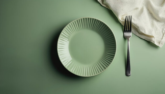 Top view of empty pastel green plate with metal fork and white cloth on muted green surface. Clean, simple food setting for meal preparation and dining.