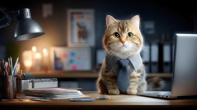 Ginger tabby cat wearing blue necktie sitting at office desk with laptop and art supplies in cozy workspace with warm lighting.