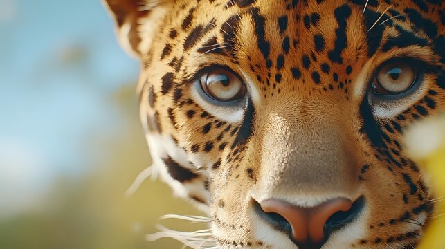 Close-up portrait of leopard face with intense blue eyes and spotted fur pattern against blurred natural background, showcasing wildlife beauty.