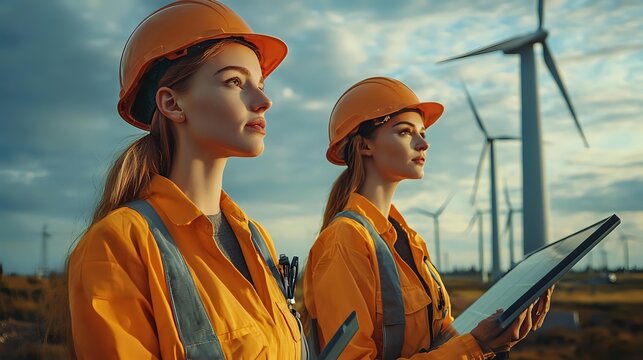 Female engineers in orange safety gear reviewing plans at wind farm during sunset, renewable energy industry.