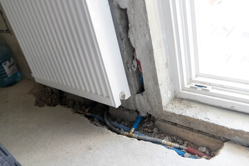 Wiring of plumbing pipes for water supply in a new house. Water main pipes