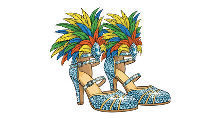 A pair of glittery blue high heels with colorful feathers on a black isolated background image