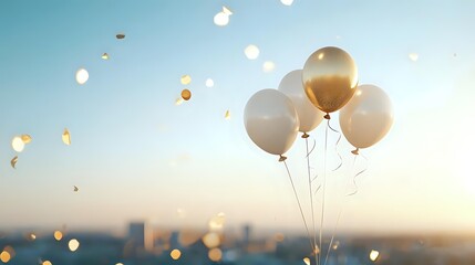 Elegant white and gold balloons floating against sunset sky with bokeh lights, creating festive atmosphere for celebration events.