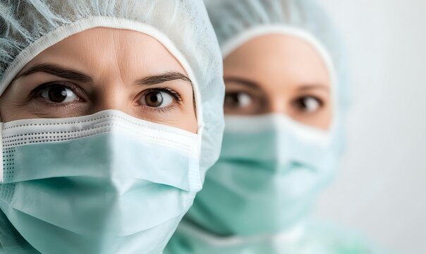 Close-up portrait of female healthcare professionals wearing surgical masks and caps, representing medical staff in hospital environment.