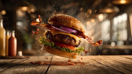 Juicy beef burger with melted cheese, fresh vegetables and sesame bun floating above rustic wooden table in restaurant atmosphere.