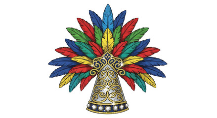 Illustration of a headdress with colorful feathers and ornate gold and white decoration on black