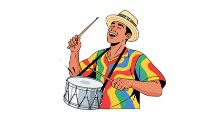 Man with hat and colorful shirt playing drum with sticks on black background illustration style
