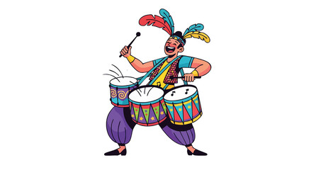 Cartoon man with feathers playing drums with a happy expression on a black colored background