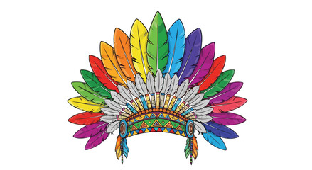 A colorful native american headdress with rainbow feathers on a black background illustration