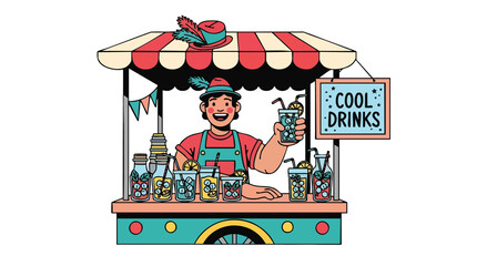 Man selling cool drinks from a cart with a striped awning and a cool drinks sign illustration