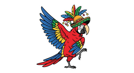 A cartoon parrot with colorful feathers wearing a sombrero on a black background illustration art