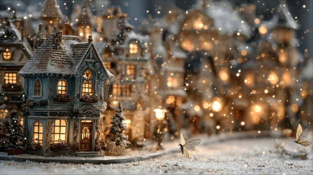 Winter village scene with butterflies