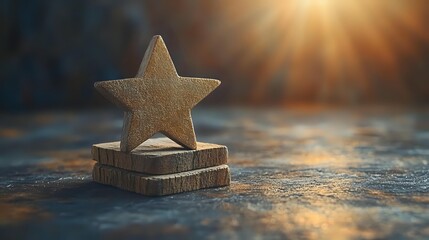 Wooden star trophy on rustic base with dramatic sunburst lighting, symbolizing achievement and recognition for business awards or celebrations.