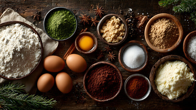Christmas baking ingredients with fir tree decoration Flour brown sugar eggs spices Top view bakery background