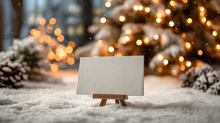 Blank canvas on wooden easel in snowy winter scene with decorated Christmas tree and warm bokeh lights creating festive holiday atmosphere.