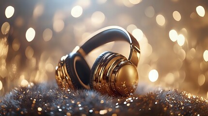 Luxurious gold headphones on glittering surface with soft bokeh background. Premium audio equipment for music production and audiophile listening experience.