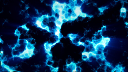 Bright blue glowing discharges appear in an abstract pattern over a dark background.