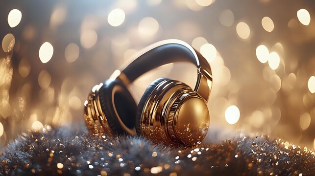 Luxurious gold headphones on glittering surface with soft bokeh background. Premium audio equipment for music production and audiophile listening experience. - Powered by Adobe