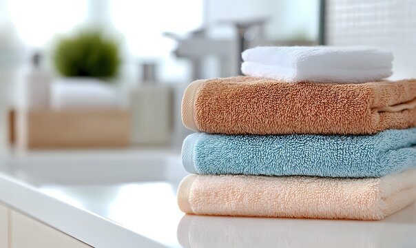 Stack of soft colorful bath towels on white bathroom counter with blurred toiletries in background, creating clean spa-like atmosphere. - Powered by Adobe