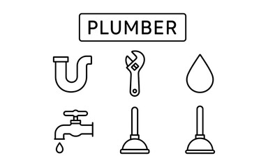 Obraz premium Plumbing tools set: wrench, pipe, pliers, droplet, faucet, plunger icons