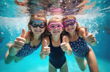 Three smiling girls in goggles underwater show thumbs up gesture. Friends swim in turquoise water, look happy. Active kids play in swimming pool, enjoy summer vacation together.