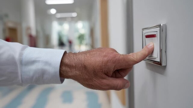 Healthcare professional fitting a personal emergency alert button on a hospital wall designed for quick activation during medical emergencies.