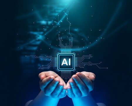 Blue futuristic design shows robotic hand touching AI. For digital background, technology presentation, Technology Innovation Concept