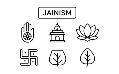 Jainism symbols and icons collection in minimalist linear style