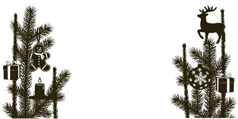 Vector frame in the form of fir tree tops with Christmas candles, boxes, toys and deer