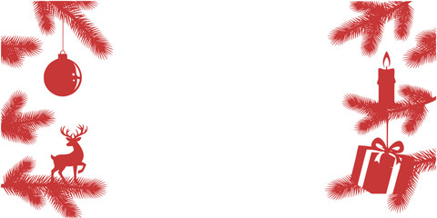 Frame vector set of fir tree branches with Christmas toys: Christmas decorations with red ornaments and festive elements  