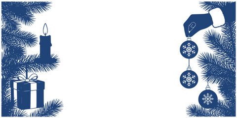 Cute vector frame: Christmas decorations with candle, gift, and ornaments on blue background  