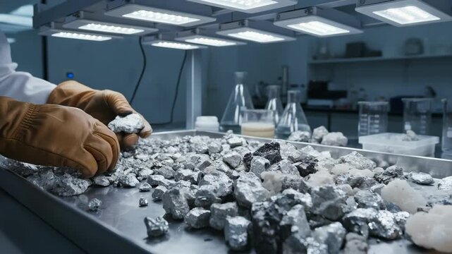 Medium shot showing hands sorting silver ore under controlled lighting emphasizing the tactile process of visual grading before further analysis.