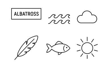 Minimalist symbols of nature with sun, fish, feather, cloud, and waves