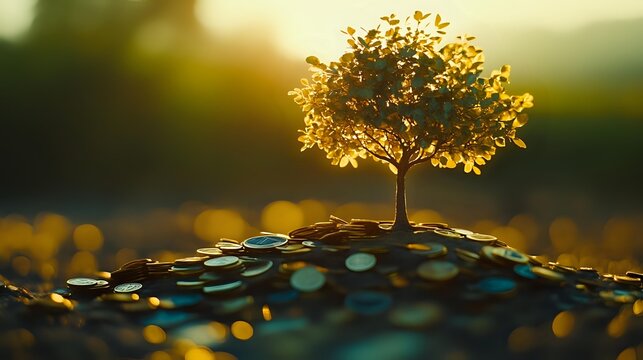 Golden tree growing on pile of coins at sunset, symbolizing financial growth, investment success, and wealth prosperity.