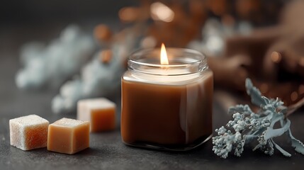 Aromatic caramel scented candle in glass jar with sugar cubes and dried herbs creating cozy atmosphere for relaxation and home decor.