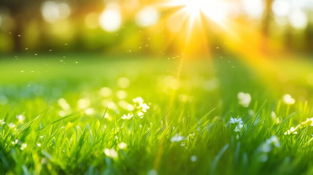 Bright green grass field with white flowers and natural sun glare throughout a beautiful afternoon, nature background element footage