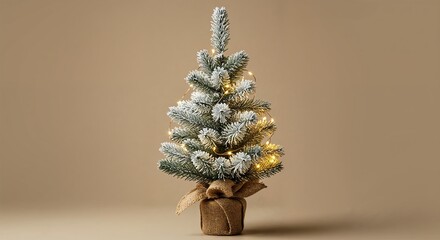 Small snow flocked Christmas tree with fairy lights isolated on a brown background.