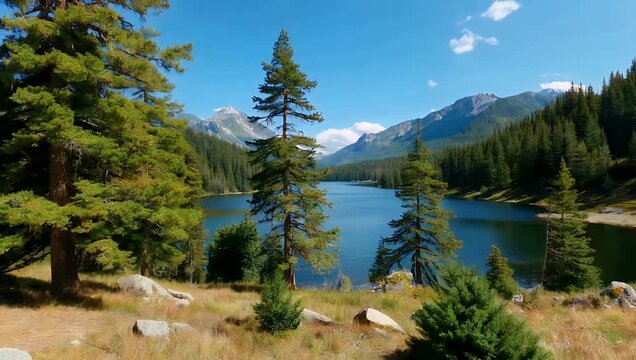 Cinematic 4K panoramic camera panning Ross Lake North Cascades National Park Washington filmed July 18 2026 revealing lush pine forests reflective waters breathtaking natural beauty American