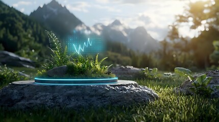Futuristic holographic display with heartbeat graph emerging from lush ferns on mountain rock, dramatic alpine peaks in background at sunset.