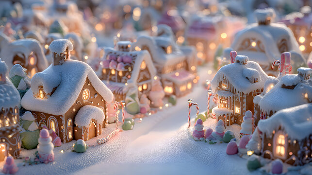 AI-generated image of a winter wonderland of Christmas spirits, where gingerbread houses and candy cane trees come to life