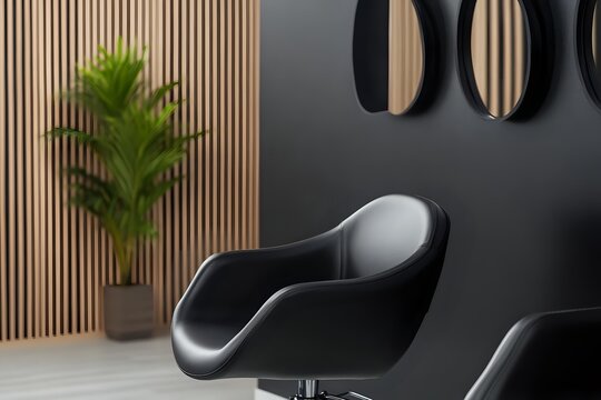 Modern black leather swivel chair in minimalist interior with wooden slat wall, round mirrors, and potted plant for contemporary office or home design. - Powered by Adobe