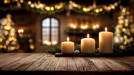 Glowing candles on rustic wooden table with festive Christmas decorations and bokeh lights in cozy home interior.