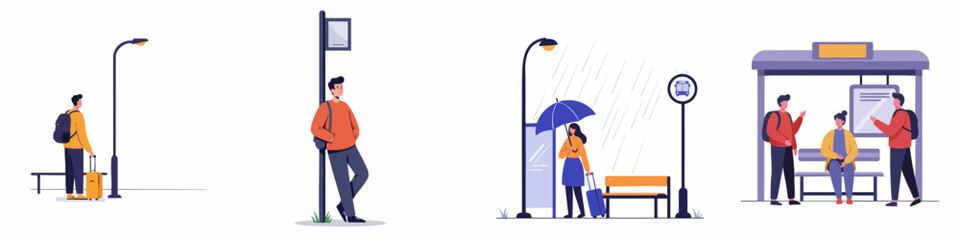 Modern Flat Illustration People Waiting at Bus Station Design Concept © logo