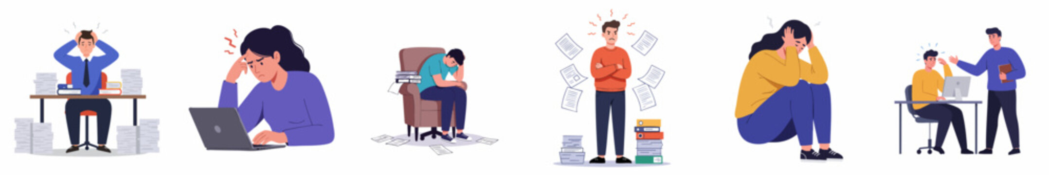 Flat Style Illustration Depicts People Experiencing Work Stress and Burnout