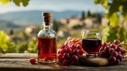 Glass bottle of homemade wine or vinegar with red grapes and wine glass against blurred Tuscan countryside landscape. Perfect for food and beverage marketing.