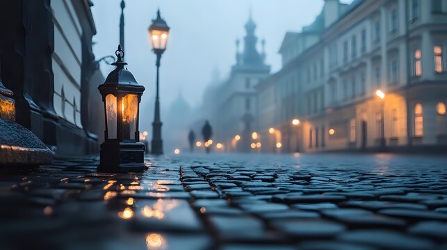 Atmospheric cobblestone street in foggy European city at dusk with glowing vintage lanterns illuminating historic architecture in blue twilight.