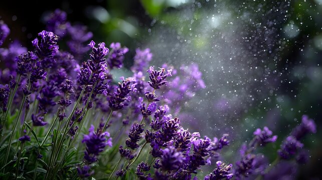 Vibrant purple lavender flowers in bloom with water droplets creating a misty effect, perfect for aromatherapy and wellness concepts.