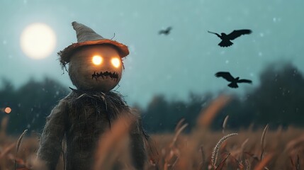 Naklejka premium Eerie scarecrow with glowing eyes stands in autumn field at dusk as ravens fly against moody sky with full moon, creating haunting Halloween atmosphere.