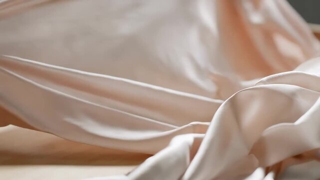 Closeup of hands gently folding soft silk fabric on a wooden table highlighting the smooth texture and delicate care in handling luxurious material.