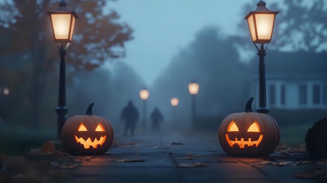 Glowing jack-o'-lanterns on foggy street at dusk with silhouettes of people approaching, creating eerie Halloween atmosphere.